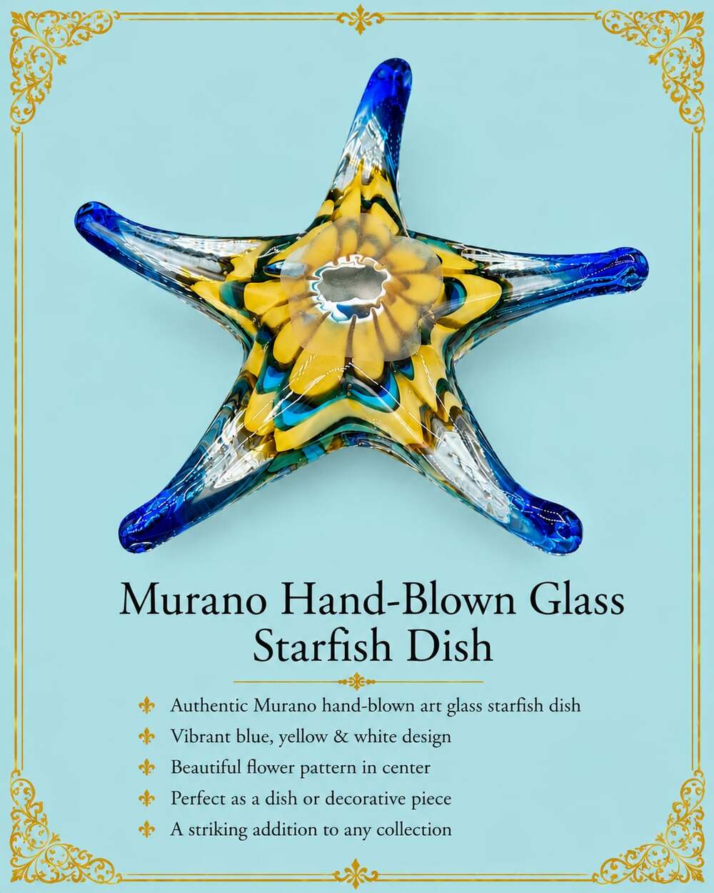 Murano Style Hand-Blown Art Glass Starfish Dish in Blue Yellow and White